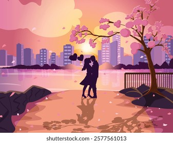 Couple Kissing Under The Cherry Blossom Tree in the Park Near the Lake At Sunset. Cute Valentine's Day Illustration with Cityscape. 