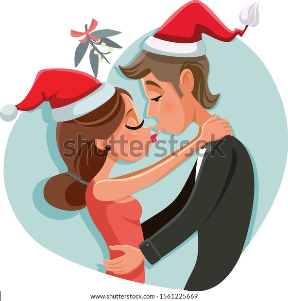 クリスマス ヤドリートの下でキスをする夫婦のベクターイラスト 夫婦がヤドリギの下で踊る のベクター画像素材 ロイヤリティフリー