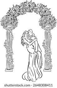 Casal Beijando sob esboço de arco floral para uso de rótulo