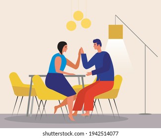 Couple in the kitchen at home. Flat vector illustration. Man and woman are sitting at the table. Romance and love of a young couple, boyfriend, girlfriend. Interior illustration at home