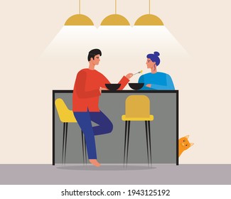 Couple in the kitchen, romance at home. Flat vector illustration. The man feeds the woman with food. Concept of a romantic dinner for a couple. Couple sitting at the bar