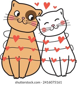 A couple of kittens. Two kittens in love tied with red hearts. Happy Valentines Day. Funny kawaii cartoon love card