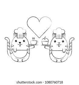 couple kitty chef kawaii cartoon coffee cup and cake