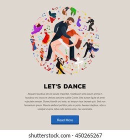 Couple Kizomba in bright costumes. Vector illustration of partners dance happy peoples man and woman ballroom dancing poster, Bachata, roomba salsa latino dancer concept for flyer