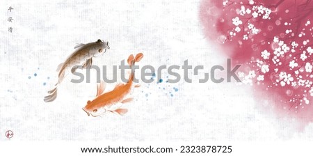 Couple of koi carps swimming under the pink blooming sakura tree. Traditional oriental ink painting sumi-e, u-sin, go-hua on rice paper. Hieroglyphs - peace, tranquility, clarity, harmony.