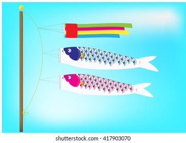 Couple Koi windsock billowing on a pole in blue sky background, Vector Illustration. 