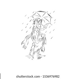 Couple of ladies in vintage style walk under an umbrella in rainy weather. Two twins sisters. Ladies in vintage style. Girlfriends together on a walk. Drawing for coloring. Graphic female silhouette.