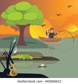 couple in lake fishing. crocodile and snake around