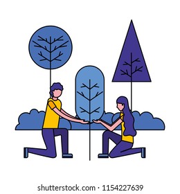couple with landscape and tree plant isolated