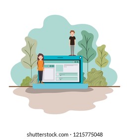 couple with laptop computer in landscape