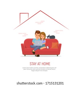 Couple with laptop on sofa internet communication, working or studying from home due to coronavirus quarantine. Family stay home during the coronavirus epidemic. Vector illustration in flat style.