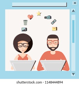 couple with laptop social media icons