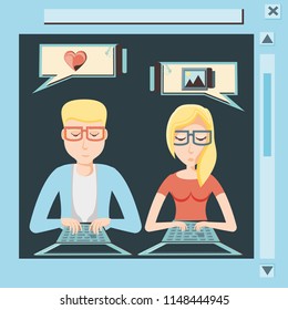 couple with laptop social media icons