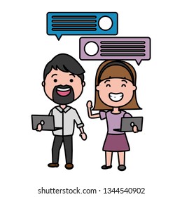 couple with laptop and speech bubble