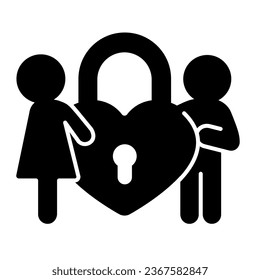 Couple with large heart shape lock solid icon, date and love concept, love lock vector sign on white background, glyph style icon for mobile concept and web design. Vector graphics