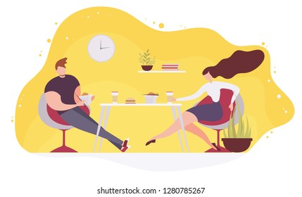 Couple Launching in Cafe Flat Vector. Man and Woman Sitting at Dinner Table, Eating Fast Food Dishes, Enjoying Time Together Illustration. Date in Restaurant Concept. Chinese Food Delivery Banner