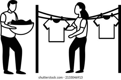 Couple Laundry or weekend wash Vector Icon Design, Weekly holidays Activity Symbol, Week Rest Days Sign, Lazy weekends people Stock illustration, Husband Helping His Wife Hanging Clothes Concept
