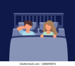 Couple laying in bed at night. Concept illustration for sleep, intimacy, relationship. Vector illustration in flat cartoon style