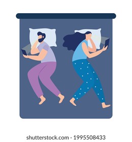 Couple laying in bed separately with smartphones in hands, flat vector illustration isolated on white background. Symbol of internet addiction and communication problems.