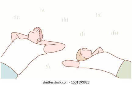 Couple laying in grass  Hand drawn style vector design illustrations 