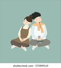 The couple leaned on each other to listen to music. - vector illustrations
