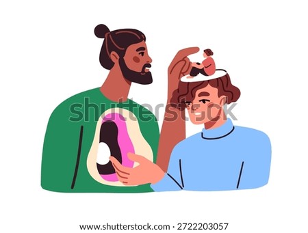 Couple learning inner world. People open and vulnerable to each other. Mutual understanding, acceptance, trust and support. Psychology concept. Flat vector illustration isolated on white background