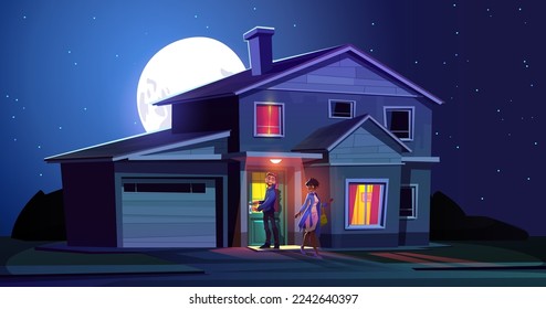 Couple leaving home at night. Woman walk from house and man close front door. Landscape with suburb cottage and people go for walk at evening, vector cartoon illustration