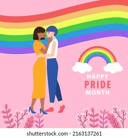 Couple of Lesbian are in love with each other. kissing in front of the LGBTQ flag vector on pink background. Happy Pride Month illustration. LGBTQ concept.