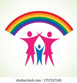 Couple of lesbians and adopted child under a lgbt rainbow. Homosexual family. Logo design template, vector illustration