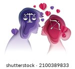 Couple with Libra and Sagittarius horoscope signs looking at each other, vector illustration in paper art style. Love compatibility between Zodiac signs.