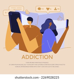 The couple lie in bed, hold smartphone and watch in internet news, stories, video. They online chatting, talk in virtual social network. The users has got phone addiction, FOMO, device bad habit. 