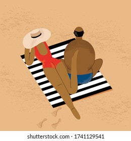 A Couple Lies On The Beach On A Striped Plaid. A Woman In A Red Swimsuit And Hat, A Full Man With A Bald Head In Shorts. Vector Flat Illustration.