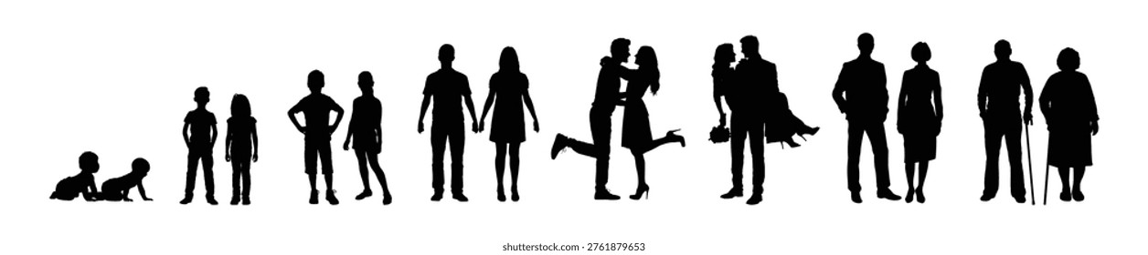 Couple life cycle from babies to elderly man and woman human age stages vector silhouette set infographic.