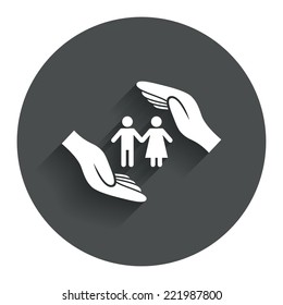 Couple life insurance sign icon. Hands protect human group symbol. Health insurance. Circle flat button with shadow. Modern UI website navigation. Vector