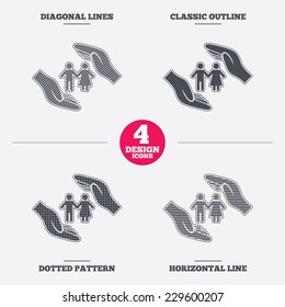 Couple life insurance sign icon. Hands protect human group symbol. Health insurance. Diagonal and horizontal lines, classic outline, dotted texture. Pattern design icons.  Vector