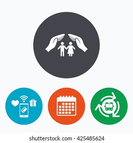 Couple life insurance sign icon. Hands protect human group symbol. Health insurance. Mobile payments, calendar and wifi icons. Bus shuttle.