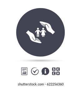 Couple life insurance sign icon. Hands protect human group symbol. Health insurance. Report document, information and check tick icons. Currency exchange. Vector