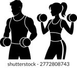 Couple lifting dumbbells doing bicep curls workout in gym