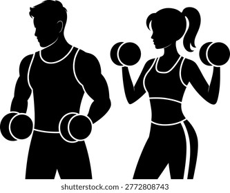 Couple lifting dumbbells doing bicep curls workout in gym