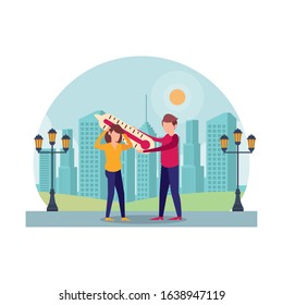 couple lifting thermometer measure in the camp vector illustration design