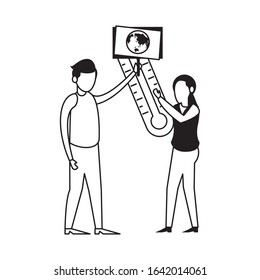 couple lifting thermometer and protest label vector illustration design