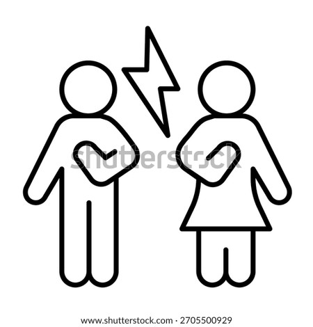 Couple and lightning thin line icon, family therapy concept. Vector graphics. Man with woman and conflict, psychology sign on white background, outline style icon for mobile or web design