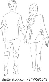 Couple line art, Couple walking line art illustration