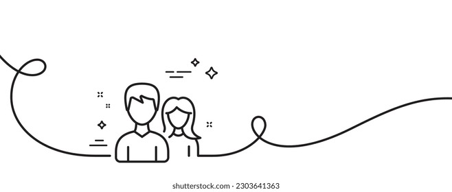 Icono de la pareja de líneas. Una línea continua con curl. Signo de grupo de usuarios o trabajo en equipo. Símbolo de silueta de persona masculina y femenina. Cinta de contorno simple par. Patrón de curva de bucle. Vector