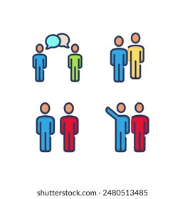 Conjunto de iconos de línea de par. Comunicación y diálogo entre dos personas. Concepto de interacción social. Ilustración vectorial para Diseños web y App