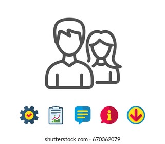 Couple line icon. Users Group or Teamwork sign. Male and Female Person silhouette symbol. Report, Service and Information line signs. Download, Speech bubble icons. Editable stroke. Vector