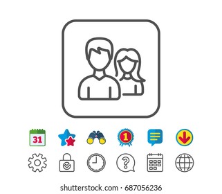 Couple line icon. Users Group or Teamwork sign. Male and Female Person silhouette symbol. Calendar, Globe and Chat line signs. Binoculars, Award and Download icons. Editable stroke. Vector