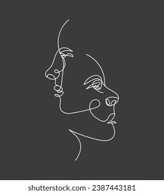 Couple in line style. Man kissed woman in had. One line hand drawing.