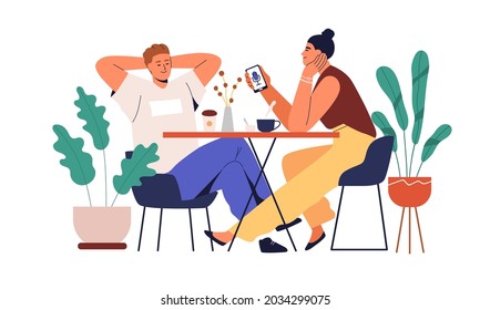 Couple listening to audio podcast together. People with phone enjoying music and coffee. Man and woman relax with online radio broadcast. Flat graphic vector illustration isolated on white background