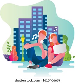 A couple listening music use a headphone and laptop in a capital city. Template for web design and ui ux design